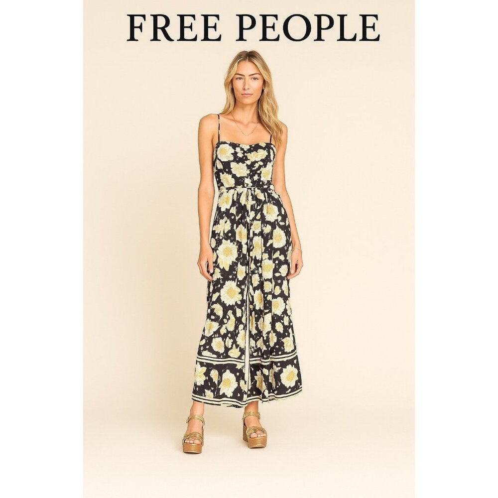Free People Little of Your Love Jumpsuit Moonless Combo Floral Wide Leg Size L - Picture 2 of 9